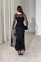 Women's Black Glittery Floral Embroidered Transparent Detailed Belted Front Maxi Long Sleeve Tulle Dress - 4