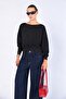 Women's Black Boat Neck Blouse with Ribbed Hem - 3
