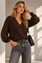 Women's Coffee Color V-Neck Openwork Long Sleeve Knitwear Blouse - 4