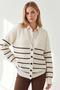 Women's Ecru Brown Thin Striped Long Knit Cardigan Hrk-19000503 - 3