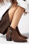 Phlox Women's Suede Brown Cowboy Metal Buckle Embroidered Thick Heeled Short Boots 6.5 cm Heel - 7