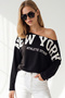 Women's Black New York Printed Boat Neck Blouse Blz-19003463