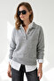 Women's Gray Polo Collar Buttoned Soft Textured Knitwear Sweater Kzk-19001178 - 4