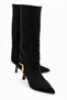 Emay Women's Black Suede Gold Buckle Bellows Pointed Toe Thin Heeled Below the Knee Slouchy Boots