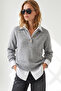 Women's Gray Polo Collar Buttoned Soft Textured Knitwear Sweater Kzk-19001178