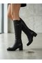 Black Thick Heeled Zippered Women's Below the Knee Boots
