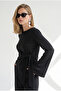 Women's Black Knot Detailed Spanish Sleeve Flowy Blouse Blz-19003462 - 4