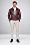 Men's Burgundy Zippered Regular Fit Faux Leather Jacket with Fur Inside - 3