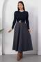Crew Neck Belted Skirt Plaid Dress Grs4196 - 4