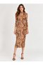 Women's Coffee Cream Patterned High Collar Three Quarter Sleeve Viscose Elastane Single Jersey Dress - 3