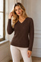 Women's V-Neck Long Sleeve Diamond Patterned Ribbed Detailed Stylish Elegant Casual Brown Knitwear Sweater - 6