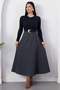 Crew Neck Belted Skirt Plaid Dress Grs4196 - 6