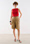 Belted Detailed Pleated Bermuda Pants Camel - 2