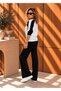 Black Ecru Contrast Detailed Collar Zippered Modal Suit - 4