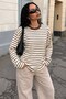 Brown Striped Crew Neck Long Sleeve Women's T-Shirt Mg2923