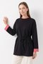 Collared Sleeve Striped Lace-Up Tunic 1722 - Black