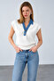 Women's Cream Collared Sleeveless Knit Sweater with Denim Detail - 2