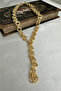 Gold Color Textured Ring Thick Chain Y Necklace - 3