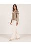 Women's Mink Ecru Striped V-Neck Double Row Gold Button Acrylic Knitwear Jacket - 5