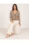 Women's Mink Ecru Striped V-Neck Double Row Gold Button Acrylic Knitwear Jacket - 2