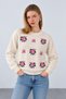 Women's Cream Crew Neck Floral Patterned Wool Sweater - 2