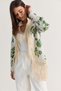 Women's Cream-Green Floral Patterned High-Neck Bohemian Vintage Design Tassel Padded Jacket 5014 60286597 - 4