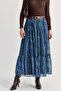 Women's Blue Shawl Patterned Belted Ruffle Detailed Lined Long Chiffon Skirt 5107 60286596 - 5