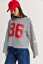 Women's Ecru-Navy Blue Oversize Striped 36 Printed Long Sleeve T-Shirt 12680 60286585 - 3