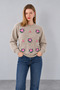 Women's Beige Crew Neck Floral Patterned Wool Sweater