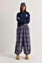 Women's Navy Blue Elastic Waist Pocket Detailed Plaid Patterned Shalwar Trousers Dp261059 60286599 - 6