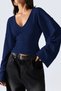 Women's V-Neck Long Sleeve Waist-Fitted Viscose Navy Blue Blouse - 2