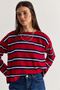 Women's Red-Navy Blue Crew Neck Striped Oversize Slim Knitwear Blouse 0543 60286536