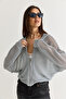 Women's Gray Zippered Glittery Bat Sleeve Hooded Mercerized Cardigan 2875 60286604 - 6