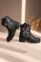 Girl's Black Leather Boots with Sim Detail, Black Winter Comfortable Boots, Daily Stylish Zippered Cowboy Boots - 3