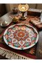 4 Pieces Round 30 cm Metal Coffee Presentation Tray Modern Ethnic Patterned Tea Coffee Serving Tray - 2