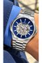 Automatic (Battery-Free) Men's Wristwatch, Silver Steel Band, Functional, Navy Blue Dial, + Chain Bracelet