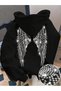 Black Women's Hooded Oversize Sweatshirt with Wing Stone Print on the Back