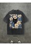 Washable Vintage Black Oversize Floral and Black Cat Printed T-Shirt - 2