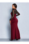Women's long sleeve geometric collar detailed tulle slit long velvet dress - 2
