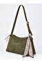 Khaki Suede Women's Shoulder Bag with Scarf Detail, Adjustable Strap and Zipper - 2