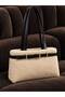 Women's Cream Plush Shoulder Bag with Black Leather Belt Detail