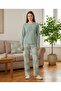 Women's Long Sleeve Crew Neck'Hello' Printed Mabet Tree Leaves Pattern Waffle Fabric 100% Cotton Pajama Set