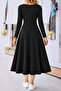 Women's Long Sleeve Asymmetrical Collar Button Detailed Midi Viscose Dress, Casual, Comfortable Dress - 3