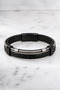 Chrome Plated 2 Row Steel Black Leather Men's Steel Bracelet