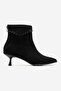 Pointed Toe Heeled Boots with Back Zipper Black Suede - 2