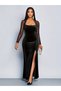 Women's long sleeve geometric collar detailed tulle slit long velvet dress