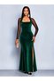 Women's long sleeve geometric collar detailed tulle slit long velvet dress - 4