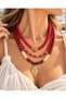 Red Beaded Multi-Layered Leaf Pendant Women's Necklace with Gold Detail Adjustable Chain - 3