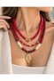 Red Beaded Multi-Layered Leaf Pendant Women's Necklace with Gold Detail Adjustable Chain - 6