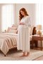 New Season Ecru Breastfeeding Compatible Elegant Lace Detailed Design Long Sleeve Maternity Pajamas Nightgown Set - 3